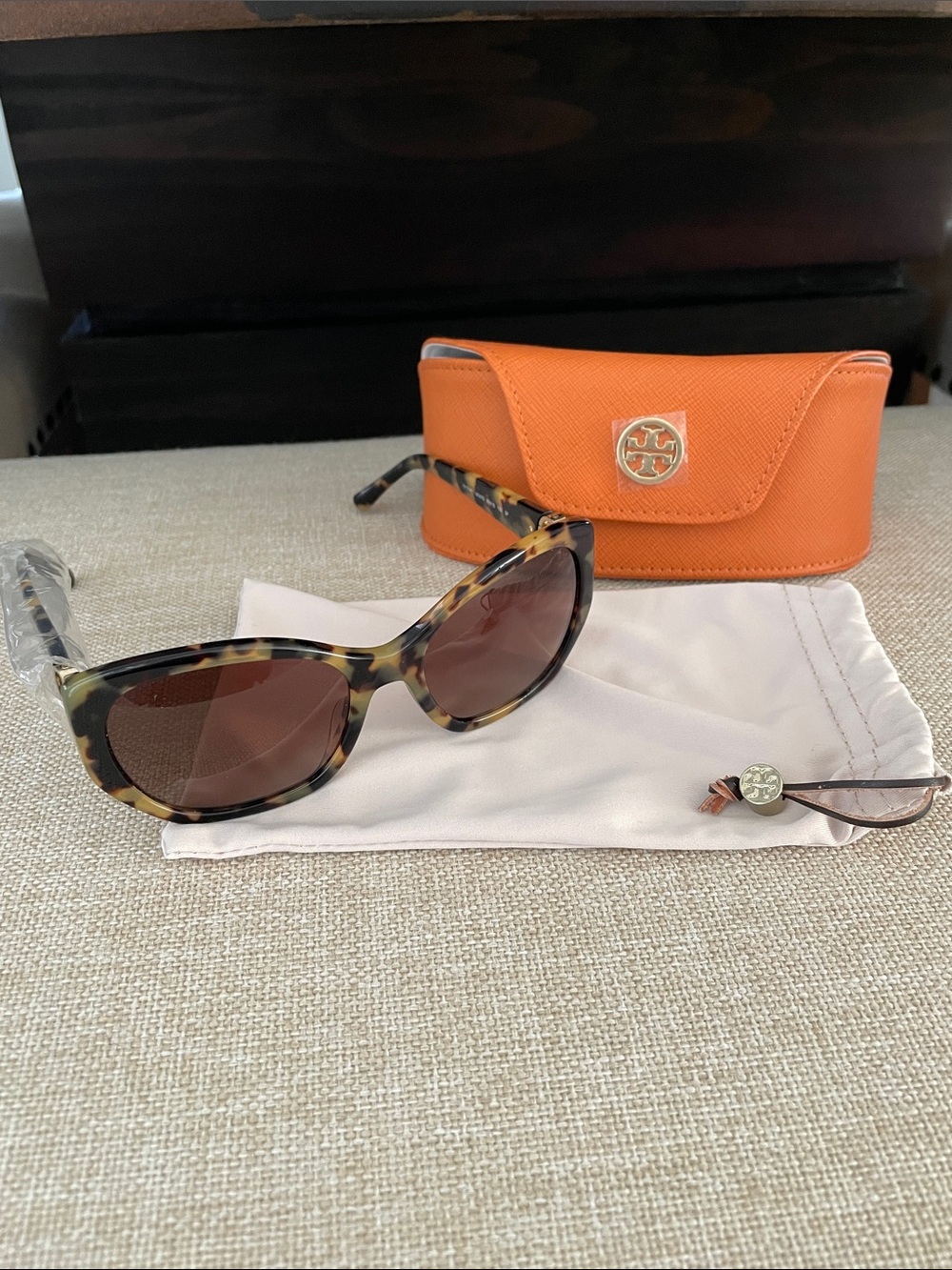 Tory Burch Tortoiseshell Sunglasses with Orange Logo Case